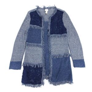 CHICOS Silk Patchwork Fringe Long Western Boho Blocked Lace Denalia Cardigan